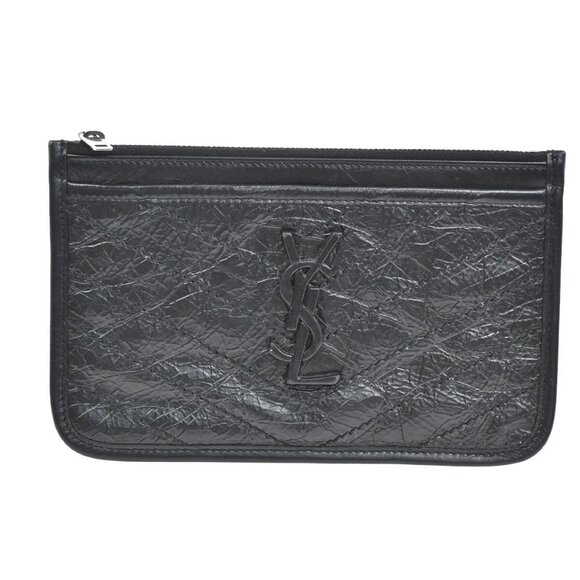 SAINT LAURENT YSL Logo Pouch Bag Leather Black SHW - Picture 1 of 16